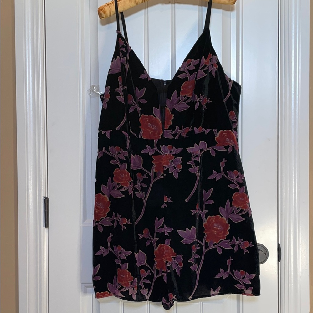 Torrid Velvet Slip Romper Black Red Purple Blossoms spaghetti straps zipper